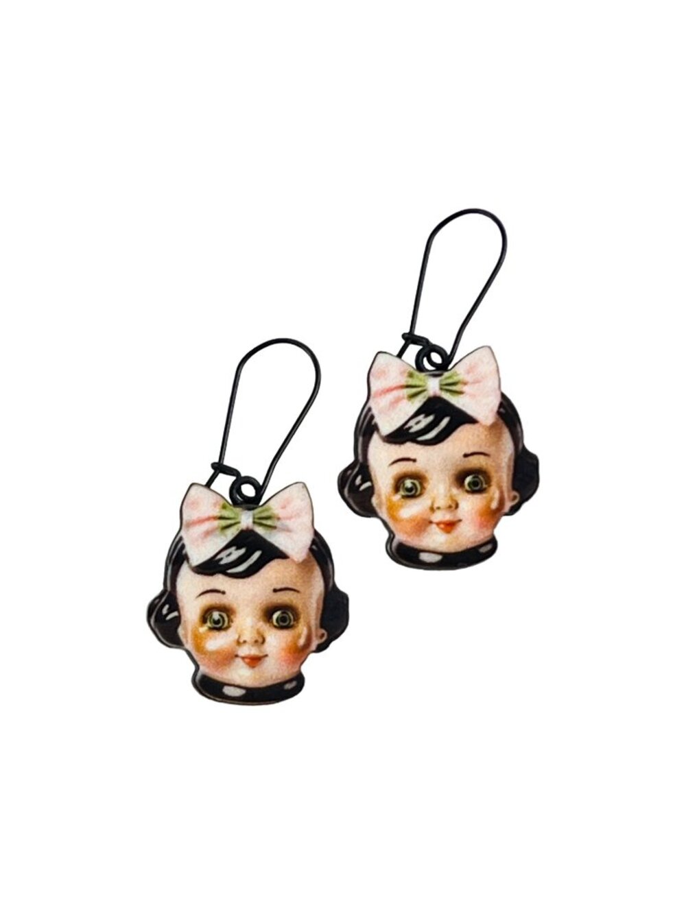 Vintage Doll Face Pink/Green Bows Wood Cutout Dangle Earrings Kitsch Creepy Cute